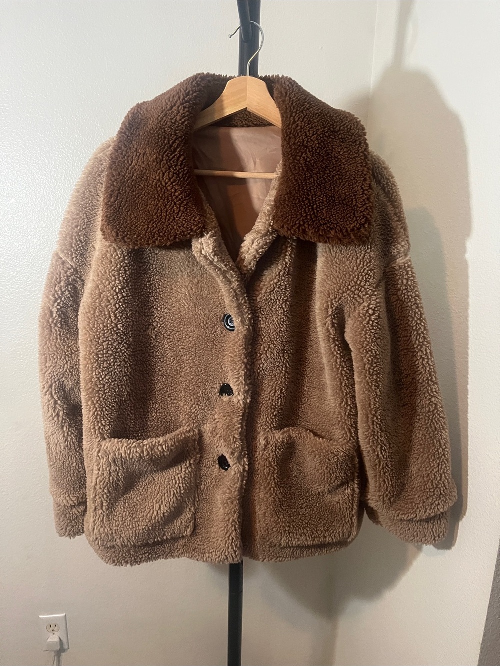 Plush Brown Teddy Jacket with Dark Brown Collar